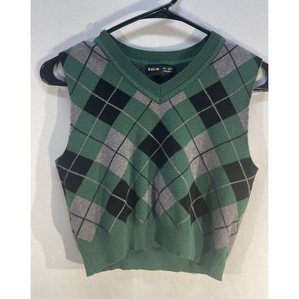 SHEIN Argyle Plaid Sweater Vest Sz S Dark Green Academia Retro Preppy Gilet